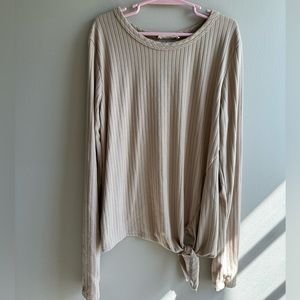 Oliva Rae tan ribbed long sleeve silky shirt with knot tie